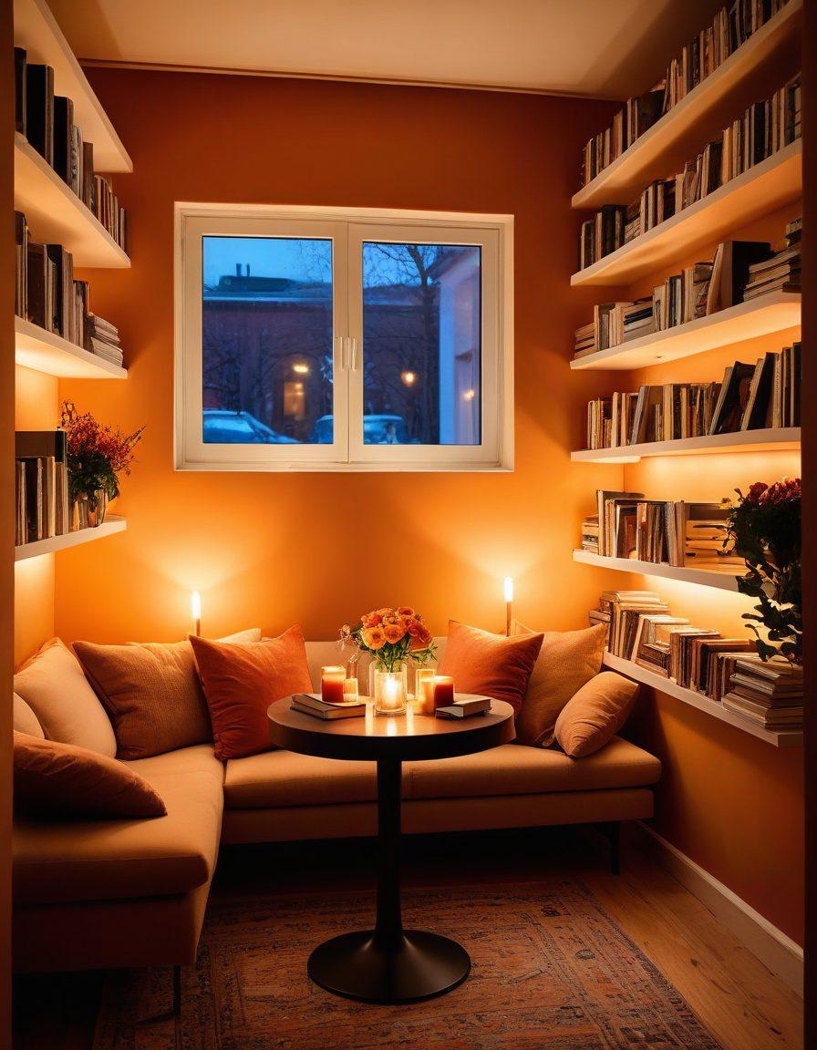 A warm and inviting space featuring a cozy reading nook filled with books on intimacy education and erotic journalism, soft lighting enhancing the atmosphere, a couple sharing a joyful moment with laughter and connection, abstract art pieces on the walls symbolizing intimacy, and a small table with candles and flowers. super-realistic. warm colors. intimate ambiance.