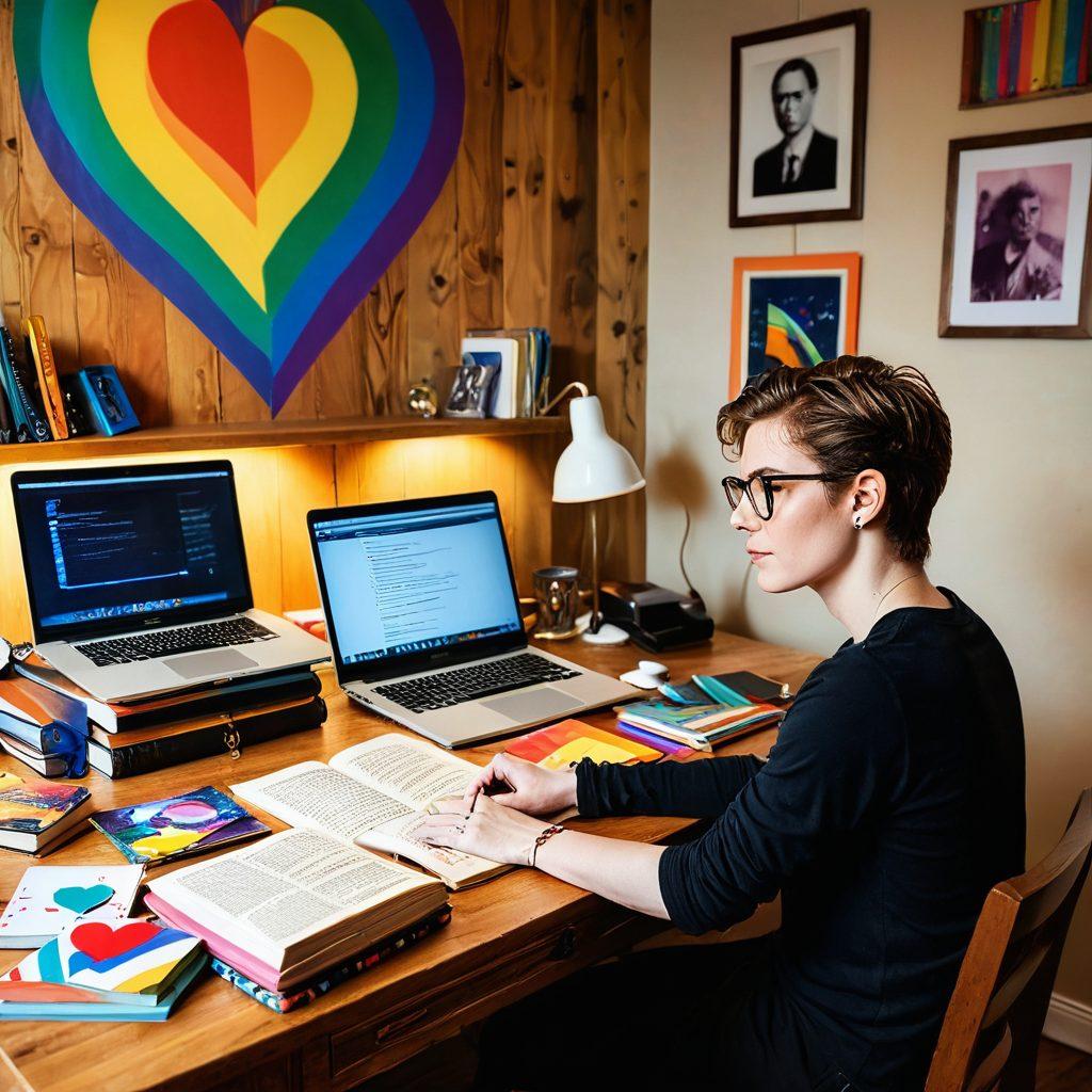 A modern writer sitting at a vintage desk, surrounded by open books and a laptop, infused with symbols of sex positivity such as a rainbow flag and heart shapes made of various colors. In the background, abstract art representing freedom and exploration in sexuality. The scene is warm and inviting, with soft lighting to create an atmosphere of reflection and open-mindedness. vibrant colors. contemporary style.