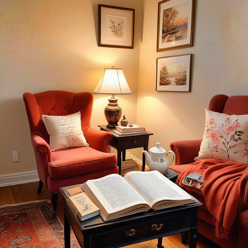 A cozy, inviting study filled with books on kink and sensuality, with a plush armchair and a softly glowing lamp. An open book with elegant calligraphy sits on a small table, surrounded by whimsical artwork that illustrates various aspects of adult relationships. A steaming cup of tea rests nearby, inviting soothing reflection. Soft, warm colors enhance the intimate atmosphere. watercolor painting. warm tones. vintage aesthetic.
